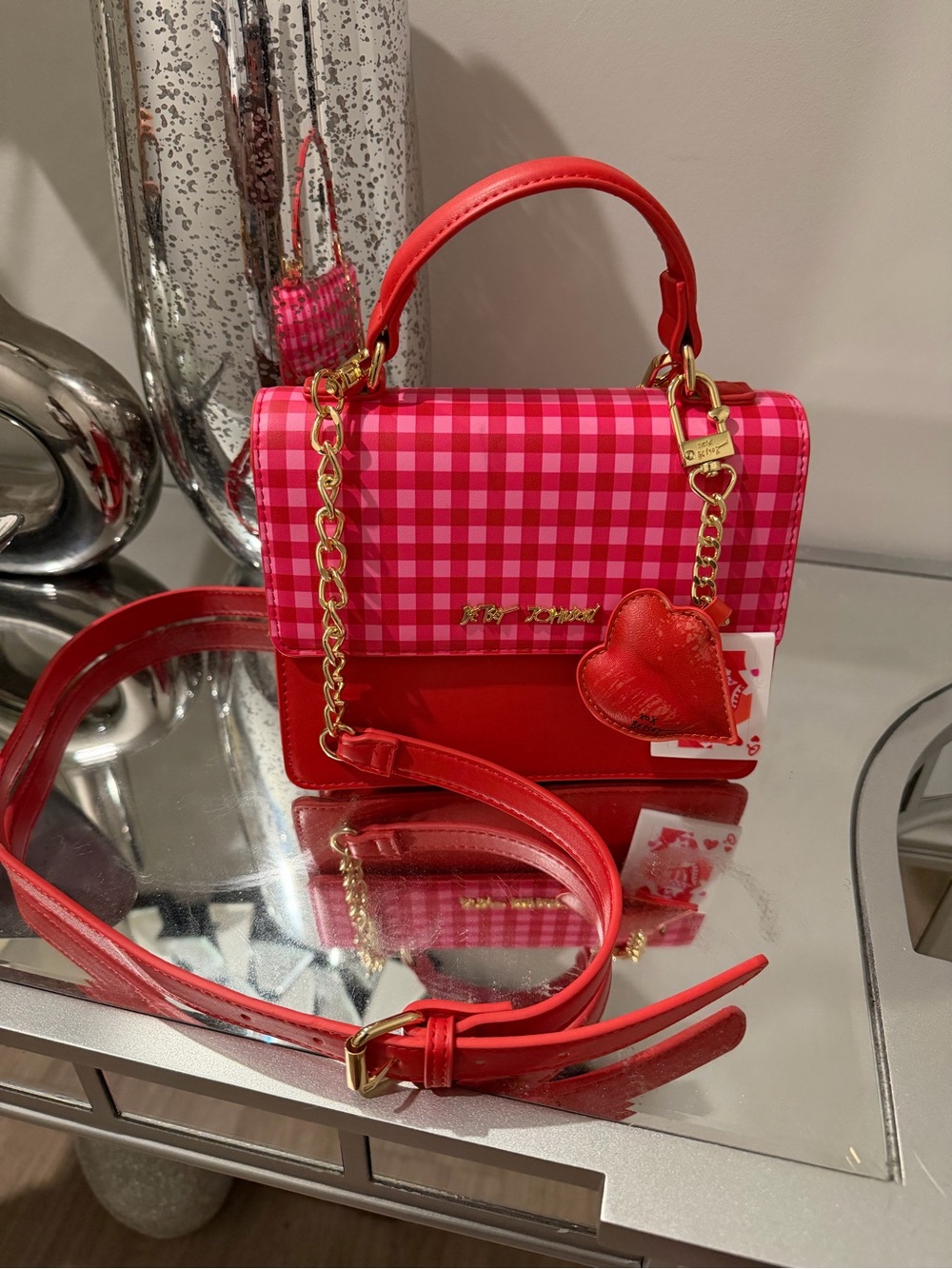 Betsey Johnson Pink & Red Gingham Crossbody Top-Handle Bag